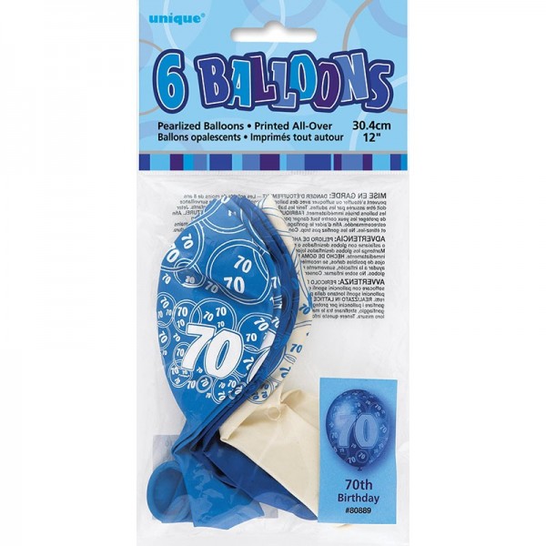 6 mix 70e verjaardag ballonnen blauw 30cm 2
