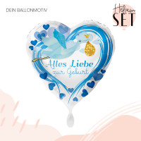 Vorschau: Alles Liebe zur Geburt Blau Ballonbouquet-Set mit Heliumbehälter