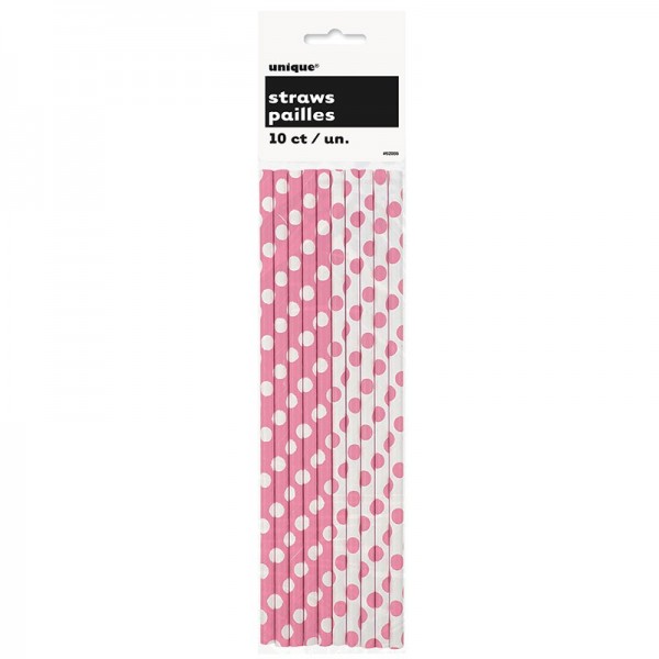 10 dotted paper straws pink white