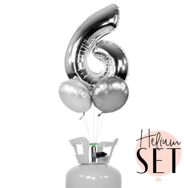 XXL Zahl 6 Silber Ballonbouquet-Set mit Heliumbehälter