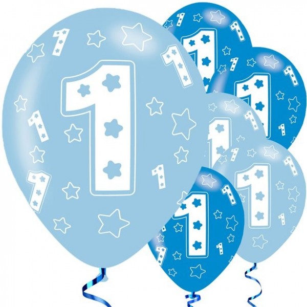 6 First Birthday Boy balloons 28cm