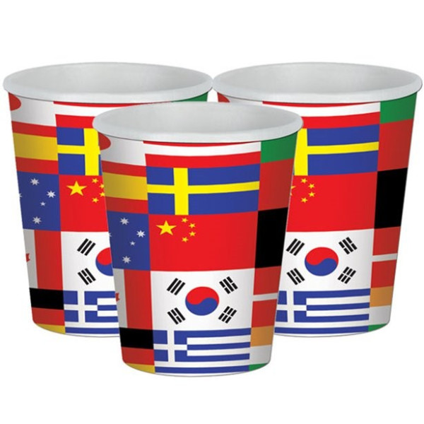 8 kubków papierowych flagi międzynarodowe 255ml