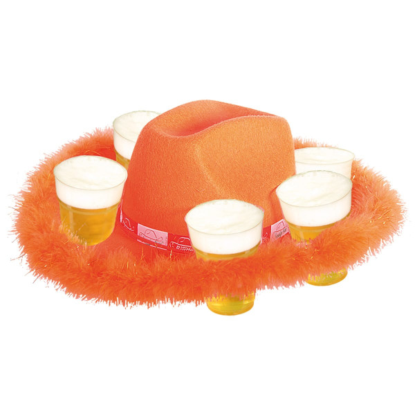 Sombrero de vaquero naranja con porta cerveza