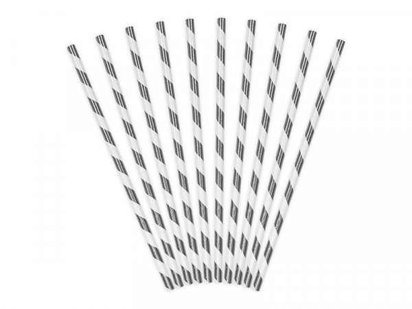 10 striped paper straws silver 19.5cm