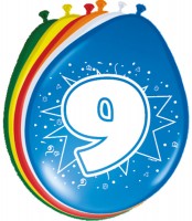 8 farverige balloner 9. fødselsdag 30 cm