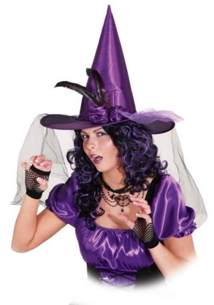 Purple witch hat with tulle and feathers