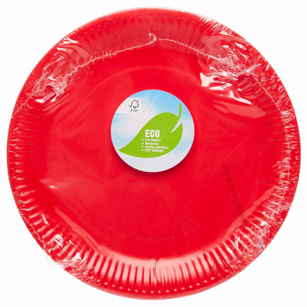 8 røde øko papir tallerkener 23cm