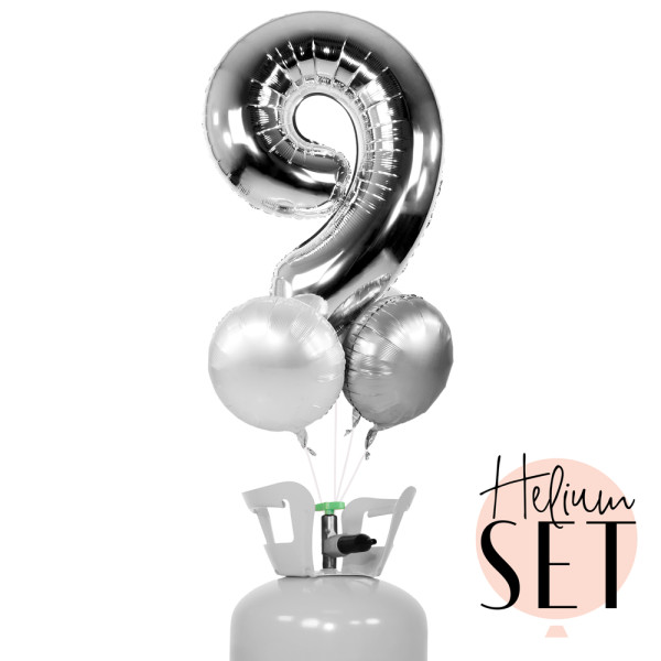 XXL Zahl 9 Silber Ballonbouquet-Set mit Heliumbehälter