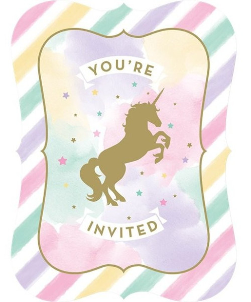 8 Golden Unicorn invitation cards