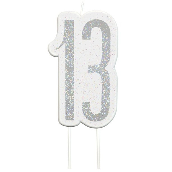 Glittering 13th Birthday cake candle silver