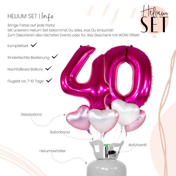 XXL Zahl 40 Pink Ballonbouquet-Set mit Heliumbehälter 3