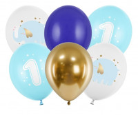 6 ballons en latex bleu Happy First Year 30cm