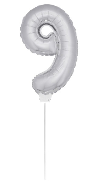 Folienballon Zahl 9 silber mit Stab 35cm