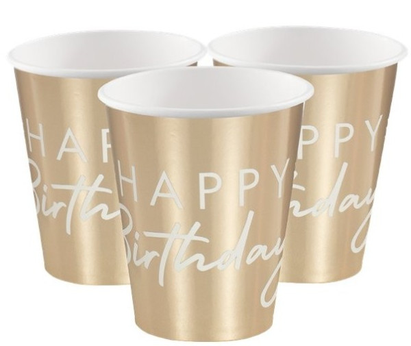 8 Happy Birthday paper cups gold metallic 260ml