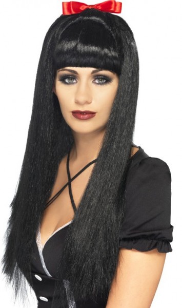 Perruque cheveux longs noirs de style gothique avec noeud rouge