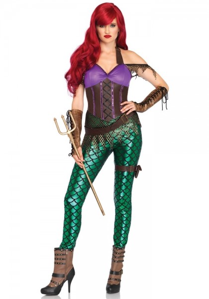 Purple-green sea mermaid catsuit with belt and garter
