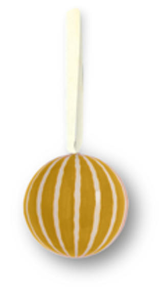 Bola de árbol pintada a mano con estampado de rayas amarillas.