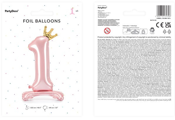 Hellrosa Folienballon Zahl 1 stehend 3