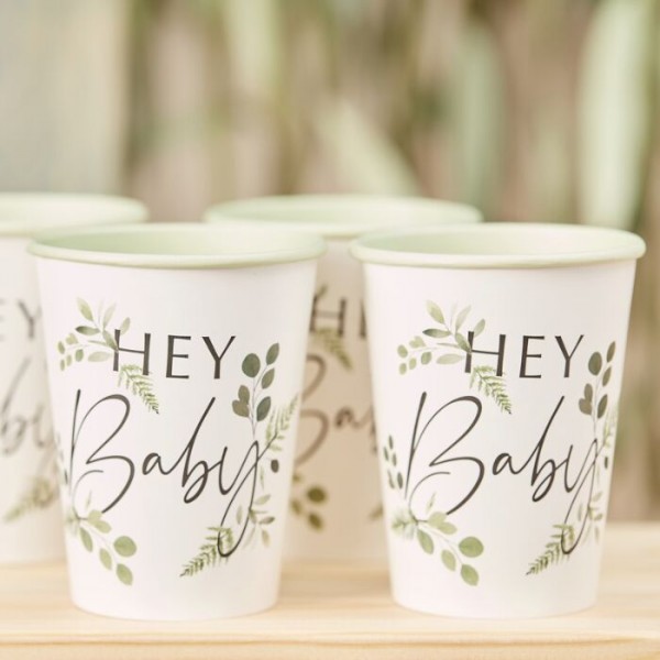 8 Botanical baby shower paper cups 266ml