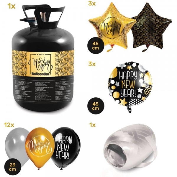 Feliz año nuevo conjunto de botella de helio con globos y cinta 3