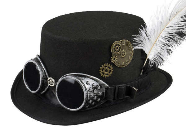 Chapeau haut de forme steampunk noir avec lunettes et coiffe de plumes
