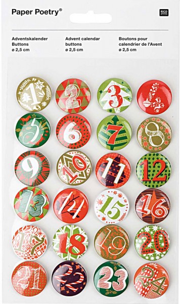 24 Adventskalender Zahlen Button rot-grün