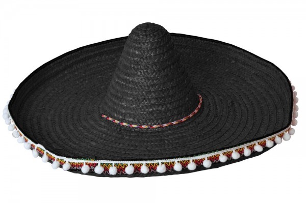 Black straw sombrero with pompons