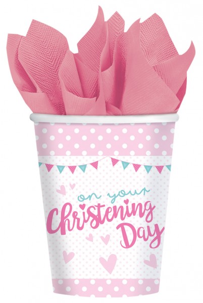 8 Christening Day paper cups pink 266ml