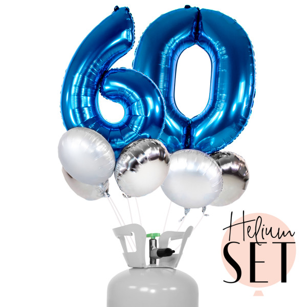 XXL Zahl 60 Blau Ballonbouquet-Set mit Heliumbehälter
