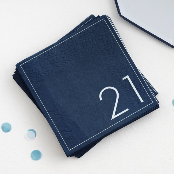 16 blå servietter til lykke med 21 års fødselsdag