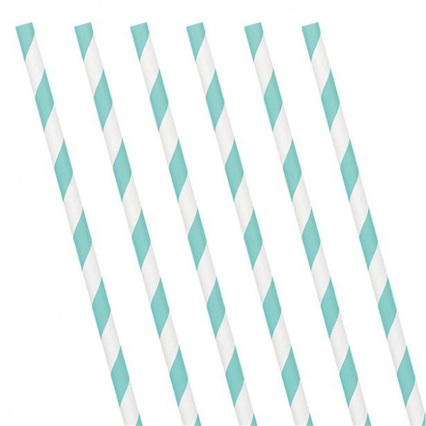 24 pailles en papier rayées bleu clair