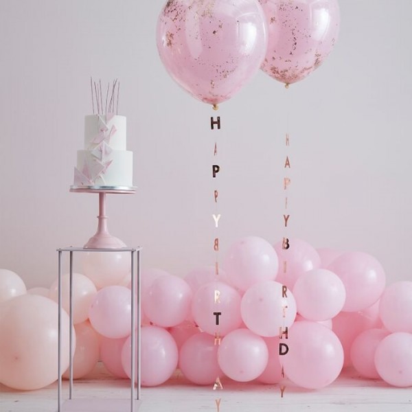 5 pendentifs ballon joyeux anniversaire or rose 1m