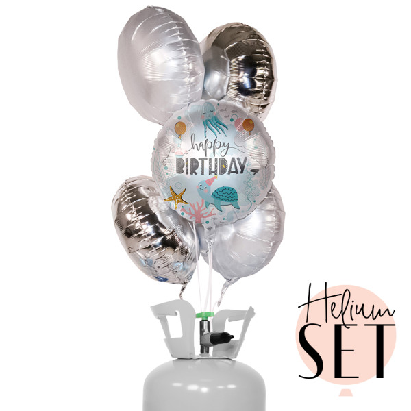 Wasserwelt Birthday Ballonbouquet-Set mit Heliumbehälter