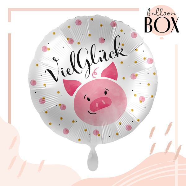 Heliumballon in der Box Viel Glück Schweinchen