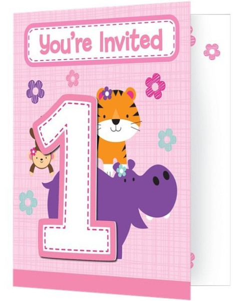 8 tarjetas de invitación Pink First Wild Birthday