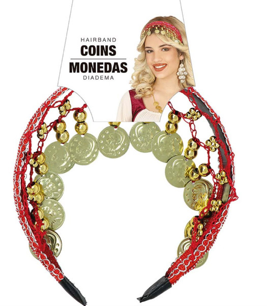 Diadema con monedas rojas y doradas.
