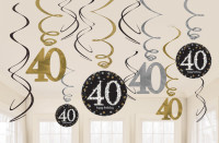 12 Golden 40th Birthday Sparkles spiralhängare 60cm