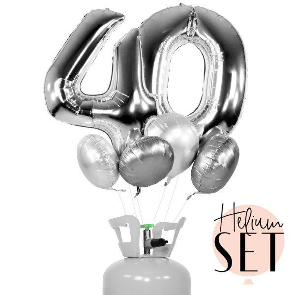 XXL Zahl 40 Silber Ballonbouquet-Set mit Heliumbehälter