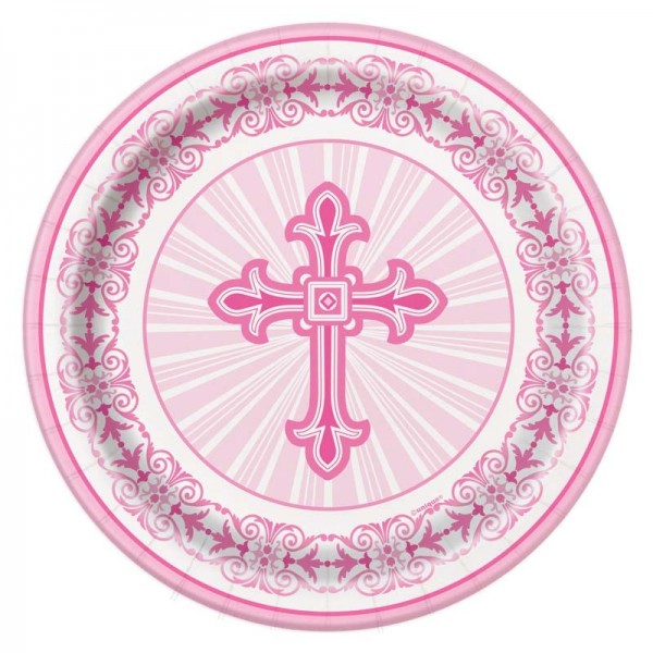 8 paper plates Be Blessed Cross Pink 18cm