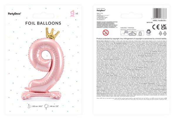 Hellrosa Folienballon Zahl 9 stehend 3