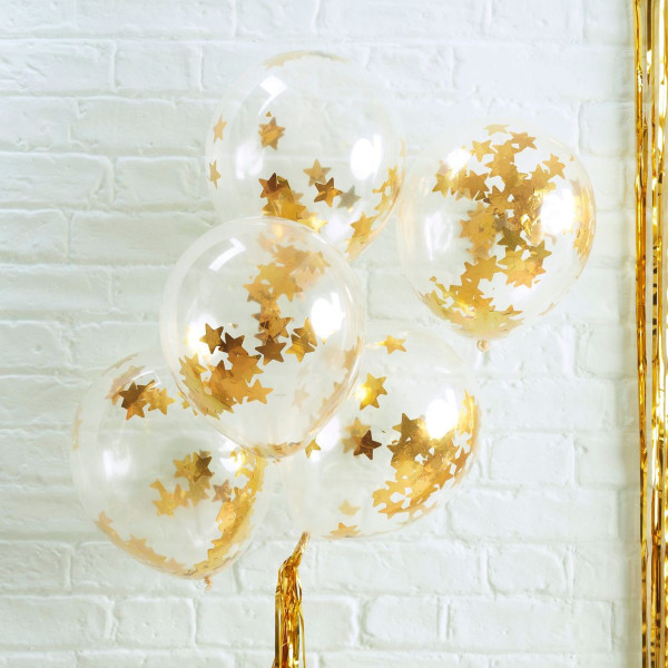 5 golden metallic magic star confetti balloons 30cm