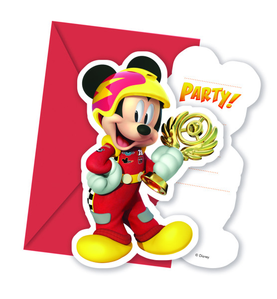 6 cartes d'invitation Mickey pilote de course