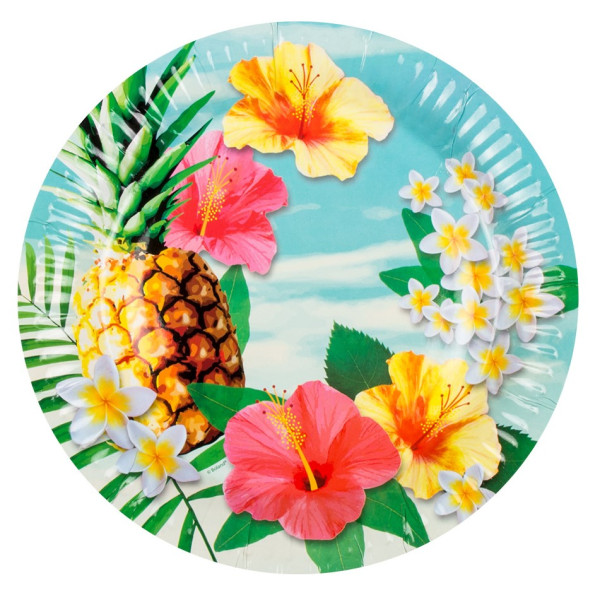 10 platos de papel hawaianos de colores 23cm