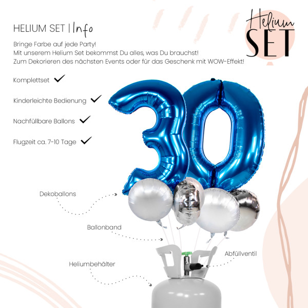 XXL Zahl 30 Blau Ballonbouquet-Set mit Heliumbehälter 3