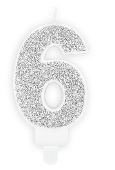 Number 6 cake candle silver gloss 7cm