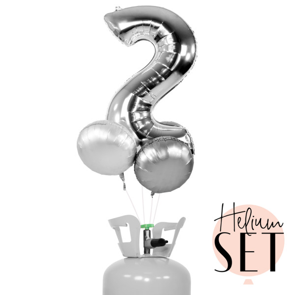 XXL Zahl 2 Silber Ballonbouquet-Set mit Heliumbehälter