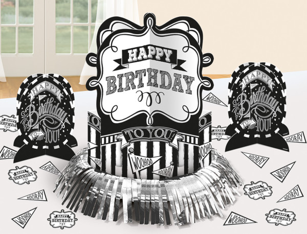 Czarno-biały zestaw dekoracji stołu urodzinowego