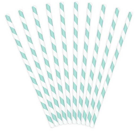 10 słomek papierowych w paski, jasnoniebieskie 19,5 cm