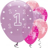 6 Latexballons 1. Geburtstag lila-pink 30cm