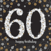 16 gyldne 60-års fødselsdagsservietter 33cm